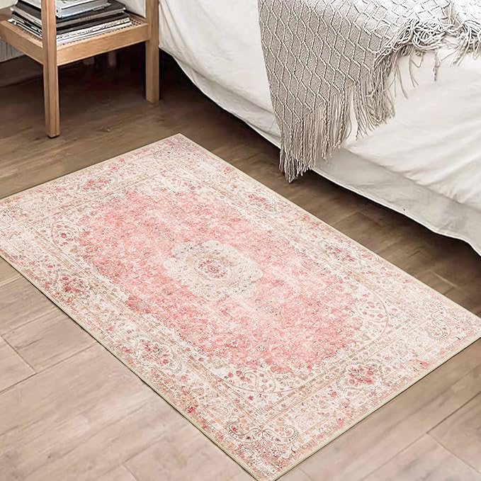 Small Rugs 2x3,Pink Rug for Entryway Bathroom Bedroom Kitchen Entrance Doormat,Boho Vintage Bohemian Distressed Washable Accent Floor Throw Carpet Non Slip,Blush