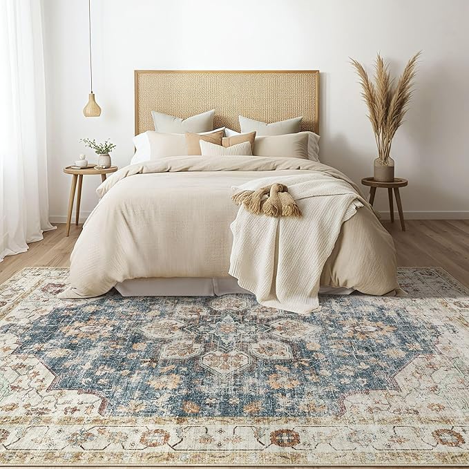 Area Rug for Living Room - 9x12 Soft Washable Oriental Vintage Floral Distressed Large Carpet - Fade Stain Resistant Non Slip Rugs for Bedroom Dining Room Nursery Dorm Office Home Decor - Blue Golden