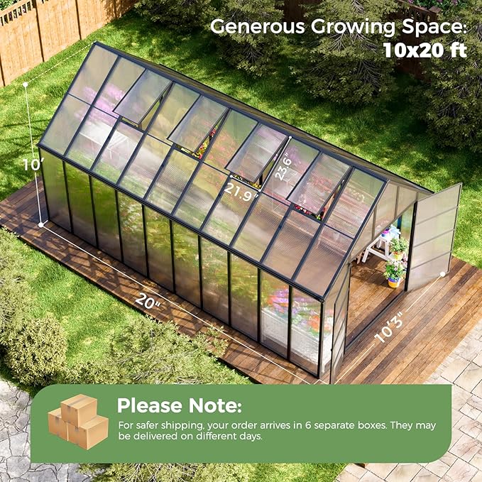10'x10'x20' Snap-Together Greenhouse - Easy 3-Way Connectors, Heavy-Duty Aluminum Frame, Wind/Snow Resistant for Gardening/Urban Farming, Includes Sliding Door & Ventilation Windows