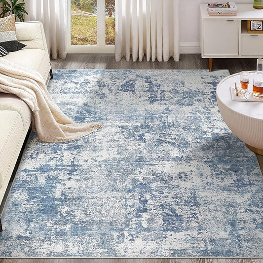5x7 Area Living Room Rugs - Washable Neutral Modern Abstract Soft Thin Rug Indoor Floor No Slip Rug Carpet for Bedroom Under Dining Table Home Office Decor - Blue White