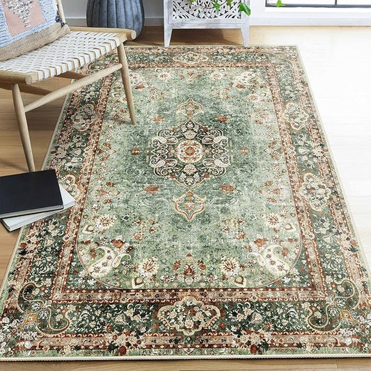 Green Rug 4'x6.5',Washable Area Rugs for Bedroom Living Room Kitchen Entryway,Small Boho Vintage Bohemian Distressed Oriental Non Slip Carpet