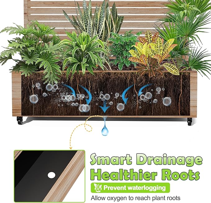 15.7"×70.9"×47.2" Metal Raised Garden Bed with Trellis and Wheels - Tall Trellis Planter Box for Climbing Plants, Vegetables & Vines - Outdoor Privacy Planters for Patio (Acacia Wood Grain)