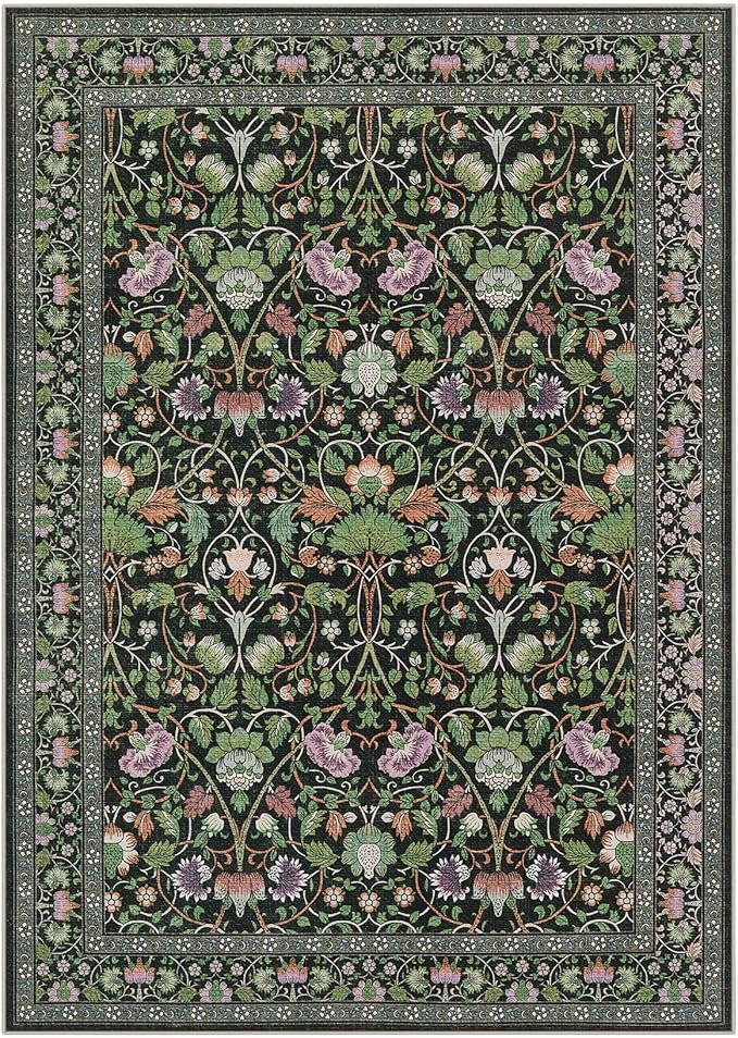6x9 Area Rug Living Room Rugs - Washable Boho Vintage Floral Large Soft Non Slip Thin Rug Low Pile Carpet for Bedroom Dining Room Kids Playroom Office Decor Indoor- Green Dark