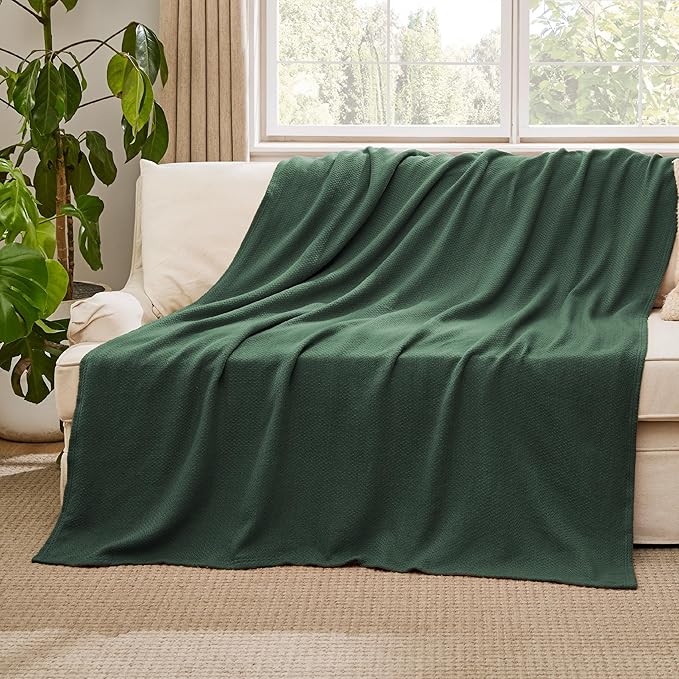 Bedsure GentleSoft 100% Cotton Blanket Twin XL Size for Bed - Breathable and Lightweight, Soft Cozy Textured Herringbone Woven Summer Blanket for College Dorm, Dark Green, 66x90 inches
