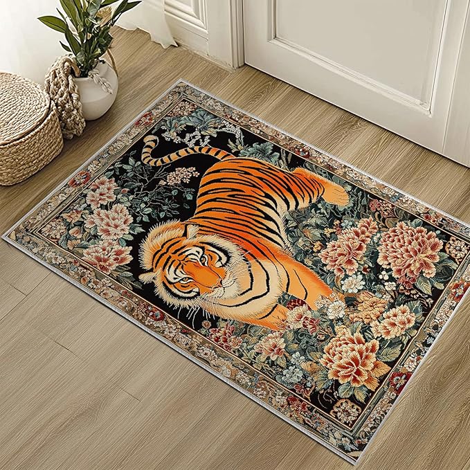 2x3 Tiger Rugs Boho Floral Flower Tiger Rug for Bathroom Kitchen Entryway Indoor Soft Non-Slip Thin Hippie Carpet Small Doormat for Office Dining Room Under Table Washable Machine