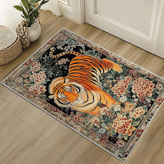 2x3 Tiger Rugs Boho Floral Flower Tiger Rug for Bathroom Kitchen Entryway Indoor Soft Non-Slip Thin Hippie Carpet Small Doormat for Office Dining Room Under Table Washable Machine
