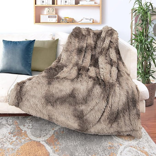 Tuddrom Decorative Extra Soft Faux Fur Blanket Twin Size,Solid Reversible Fuzzy Lightweight Long Hair Shaggy Blanket,Fluffy Plush Fleece Comfy Microfiber Throw Blanket for Couch Sofa Bed,Tie Dye Brown