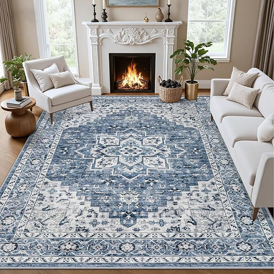 Area Rugs 9x12 Living Room Rug: Washable Rug Soft Vintage Boho Medallion Carpet Indoor Floor Non-Slip Stain Resistant Large Carpets for Bedroom Dining Room Farmhouse Nursery Home Office Blue