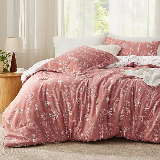 Bedsure King Comforter Set - Grayish Pink Bed Set, 3 Pieces Cute Floral Bedding, 1 Soft Reversible Botanical Flowers Comforter and 2 Pillow Shams