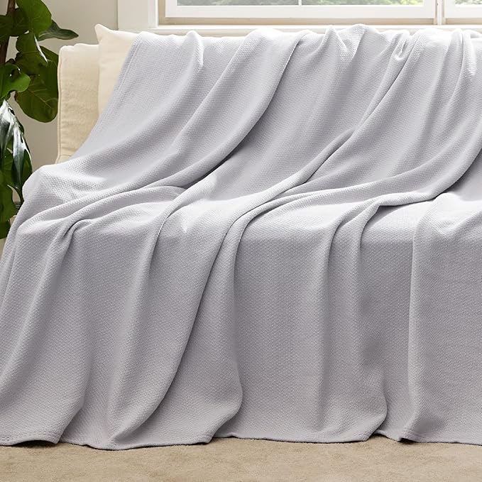 Bedsure GentleSoft 100% Cotton Blanket Full Size for Bed - Breathable and Lightweight, Soft Cozy Textured Herringbone Woven Blanket, Grey, 80x90 inches