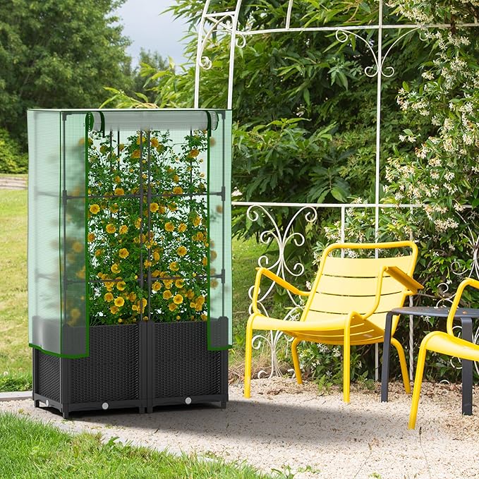 Onelike 32'' x 16'' x 55.5'' Plastic Raised Garden Bed with Greenhouse Cover and Trellis, Vertical Tomato Planters for Climbing Plants, Self Watering System Tomatoes Cage for Patio, Medium