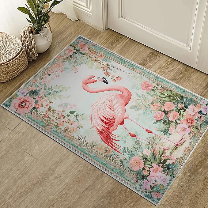 2x3 Flamingo Area Rugs Boho Floral Tropical Rug for Bathroom Kitchen Entryway Indoor Soft Non-Slip Thin Hippie Carpet Small Flower Doormat for Office Dining Room Under Table Washable Machine