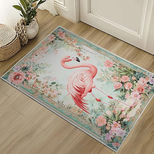 2x3 Flamingo Area Rugs Boho Floral Tropical Rug for Bathroom Kitchen Entryway Indoor Soft Non-Slip Thin Hippie Carpet Small Flower Doormat for Office Dining Room Under Table Washable Machine