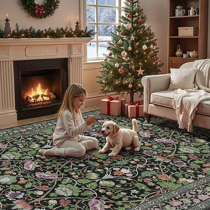 8x10 Area Rug Living Room Rugs - Washable Boho Vintage Floral Large Soft Non Slip Thin Rug Low Pile Carpet for Bedroom Dining Room Kids Playroom Office Decor Indoor- Green Dark