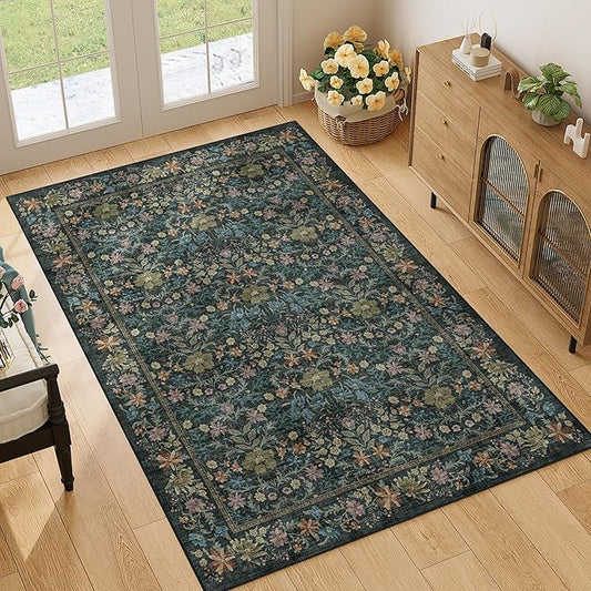 DUKINO 4x6 Rugs for Living Room, Lightweight Non Slip Washable Rug with Low Pile Design, Vintage Floral Non-Shedding Soft Carpet for Living Room, Bedroom, Farmhouse, Office, Bathroom, Blue
