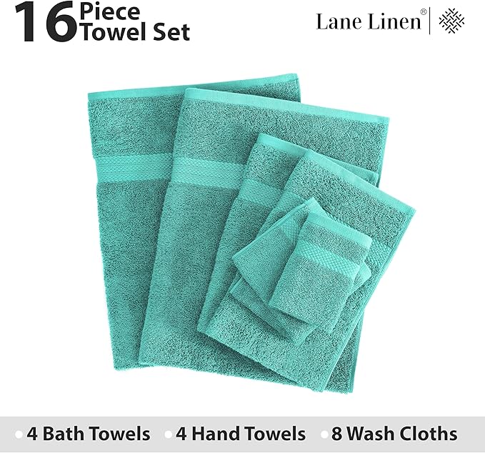 LANE LINEN 100% Cotton Luxury Bathroom Towel Set - 16 Pieces - Ring Spun, Quick Dry, Super Soft & Absorbent - 4 Bath, 8 Washcloths, 4 Hand Towels - Remains Fluffy Even After Multiple Washes - Teal