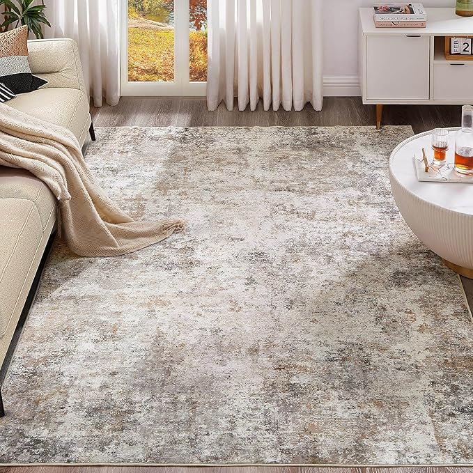 10x14 Area Rug Living Room Rugs - Washable Neutral Modern Abstract Soft Thin Large Rug Indoor Floor No Slip Rug Carpet for Bedroom Under Dining Table Home Office Decor - Brown Grey