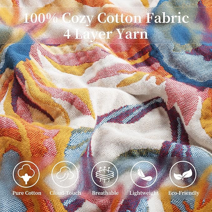 MACEVIA 100% Cotton Boho Throw Blanket, Soft Lightweight Butterfly Floral Design, 80"x90" Large Bedspread for Queen Bed, Couch Sofa, Cottagecore Decor(Butterfly Floral)