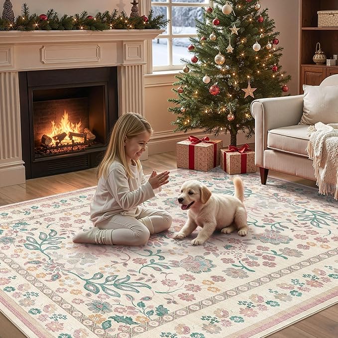 5x8 Area Rug Living Room Rugs - Washable Boho Vintage Floral Large Soft Non Slip Thin Rug Low Pile Carpet for Bedroom Dining Room Kids Playroom Office Decor Indoor- Pink