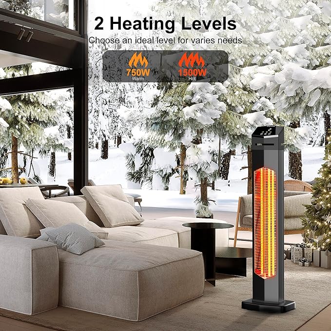 AKIRES 37IN Outdoor Electric Patio Heater,Portable Infrared Heaters With Remote,IP54 Waterproof Tower Space Heater,12H Timer,Large Room Heater for Garage Backyard Porch Balcony Shop Patio,Black