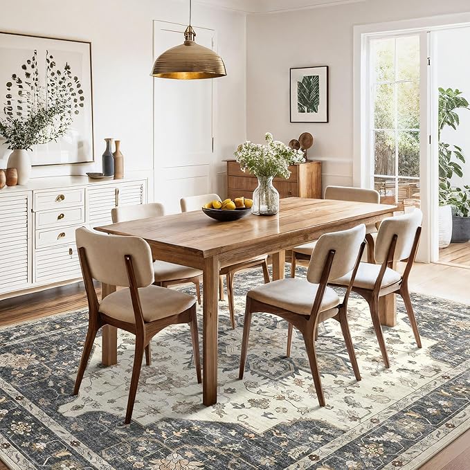 Area Rug for Living Room - 10x12 Soft Washable Oriental Vintage Floral Distressed Large Carpet - Fade Stain Resistant Non Slip Rugs for Bedroom Dining Room Nursery Dorm Office Home Decor - Beige Blue