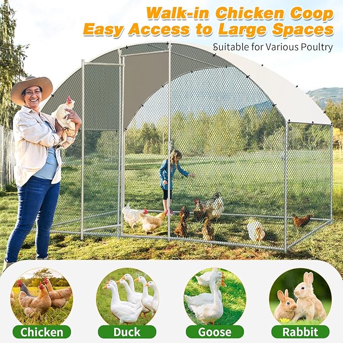 VINGLI Chicken Coop, Large Metal Poultry Cage for Chicken Run, Walk-in Chicken Pen with Waterproof & Anti-UV Cover Outdoor (Silver-Dome Roof, 6.5 * 9.8 * 6.5 ft)