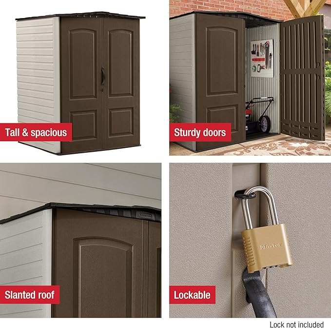 Rubbermaid Medium Vertical Resin Outdoor Storage Shed With Floor (5 x 4 Ft), Weather Resistant, Brown, Organization for Home/Backyard/Pool/Garden/Lawn Tools