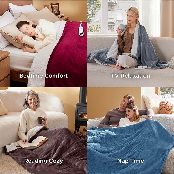 Bedsure Heated Blanket Throw Blanket - Fast Heating Electric Blanket, Soft Flannel Heated Throw with 4 Time Settings, 6 Heating Settings, Warm Gifts for Women Men (50x60 inches, River Blue)