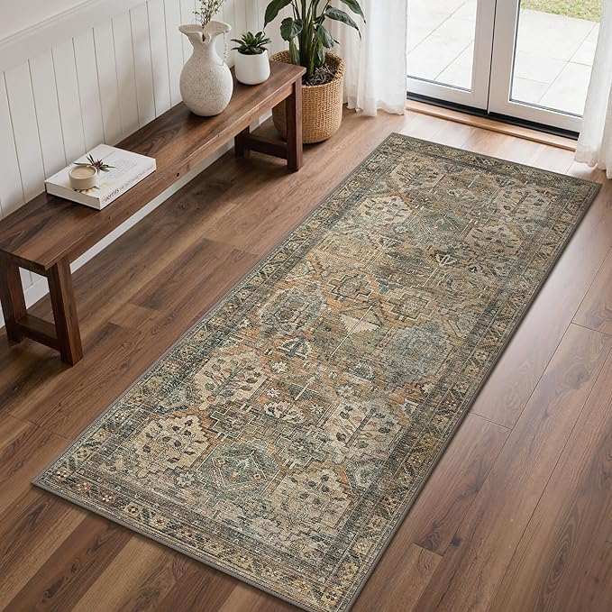GENIMO 2x10 Runner Rugs for Hallway, Machine Washable Non Slip Vintage Rugs, Low Pile Lightweight Soft Print Rug for enrtyway, Corridor, Home, Office, Kitchen, Muted Taupe