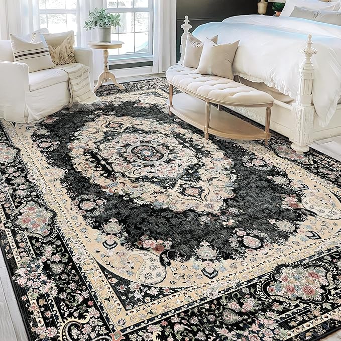9x12 Area Rugs Washable,Black Rug for Living Room Bedroom Dining Room,Large Boho Vintage Bohemian Distressed Carpet Non Slip,Floral