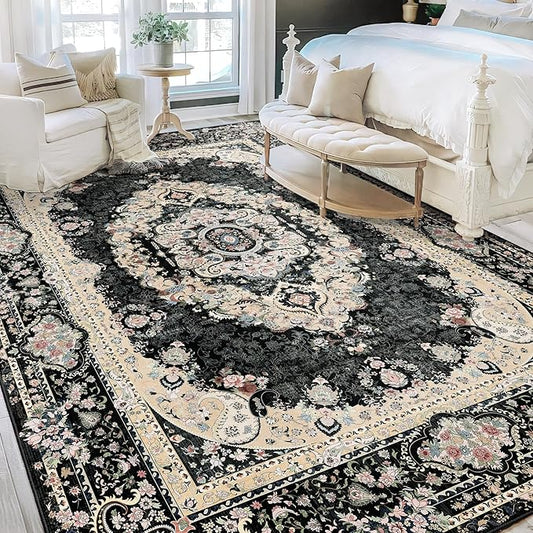 9x12 Area Rugs Washable,Black Rug for Living Room Bedroom Dining Room,Large Boho Vintage Bohemian Distressed Carpet Non Slip,Floral