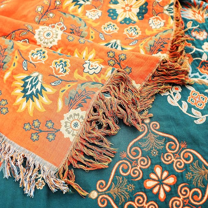 Boho Large Throw Blanket, 100% Organic Muslin Cotton Breathable Soft Bed Throw - Floral Farmhouse Decor Blanket for Sofa Couch Chair and Gift. 80" x 90"- Orange