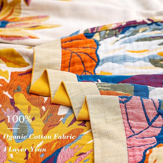 Boho Throw Blanket, 100% Organic Cotton Ultra Soft Bed 50" x 60" Throw - Christmas Blanket Skin-Friendly All Season Rustic Floral Decor Blanket for Sofa Couch Chair Tas -Beige