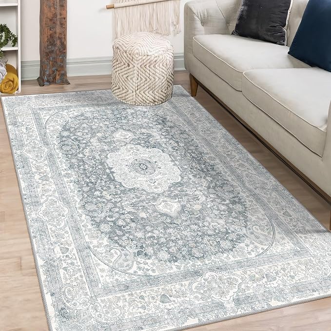 Grey Rug 3x5,Washable Area Rugs for Bedroom Living Room Kitchen Entryway,Small Boho Vintage Bohemian Distressed Non Slip Carpet,Floral