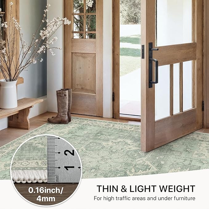 GENIMO 2x5 Runner Rugs for Hallway, Machine Washable Non Slip Vintage Rugs, Low Pile Lightweight Soft Print Rug for enrtyway, Corridor, Home Office, Kitchen, Light Green