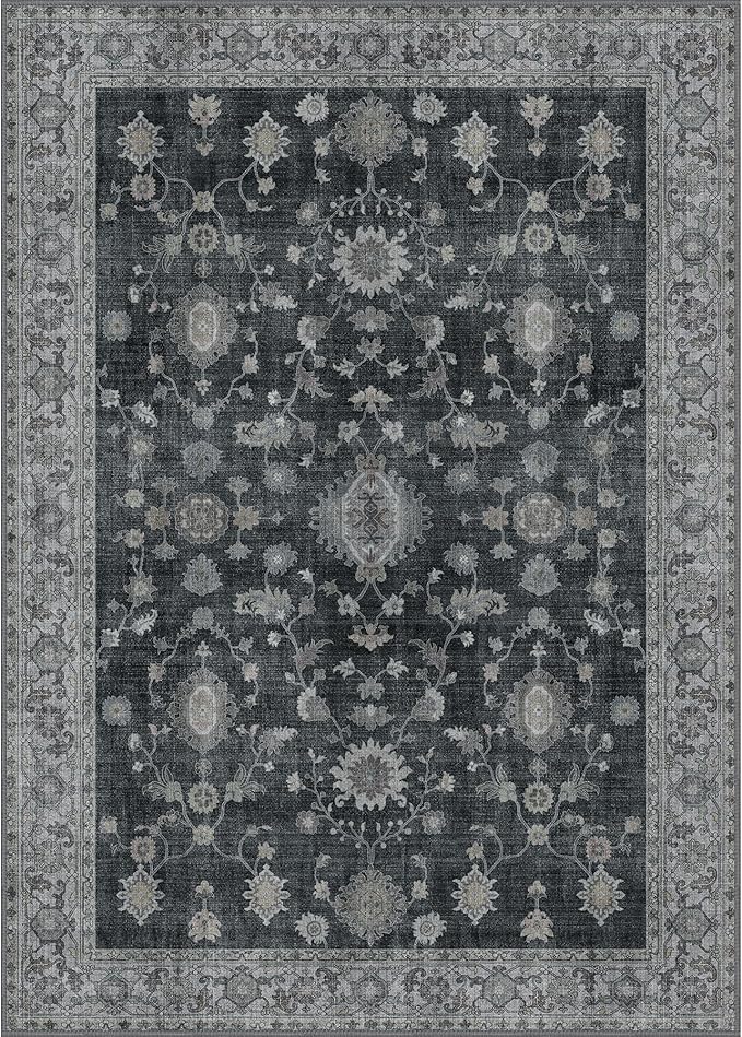 GENIMO Machine Washable 6x9 Area Rugs for Living Room, Non Slip Vintage Rugs, Low Pile Lightweight Chenille Print Rug for Bedroom, Dining Room, Home Office, Charcoal