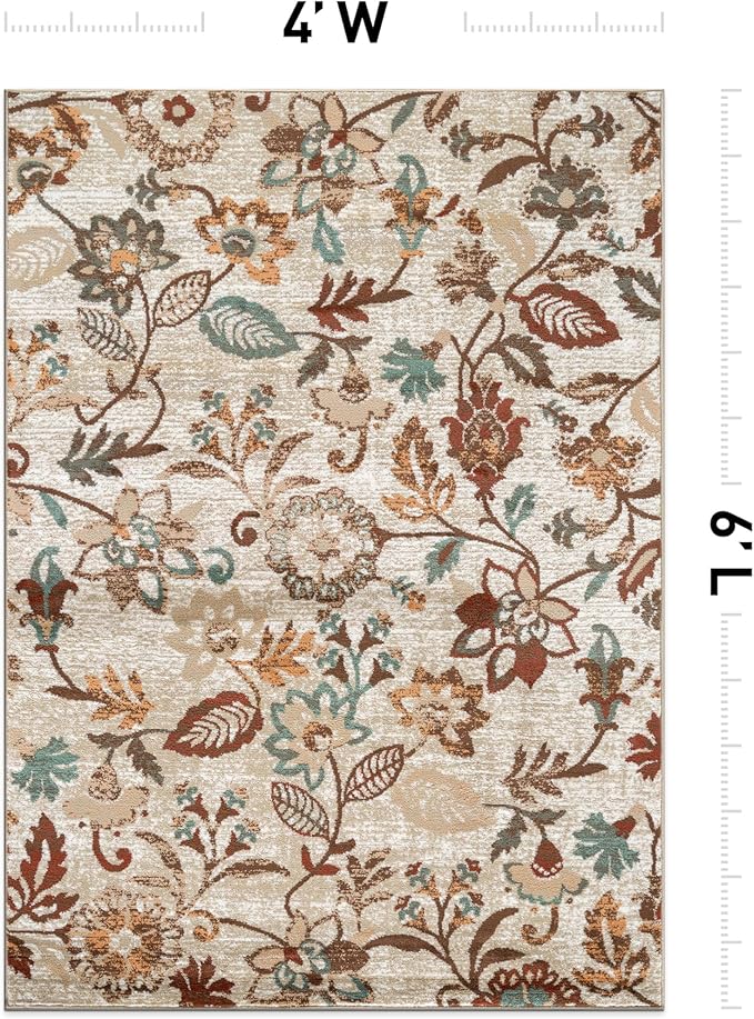 Rugshop Vine Floral Modern for Living Room, Bedroom, or Entryway Beige Multi Area Rug 4' x 6' Beige