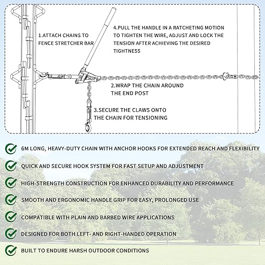 Heavy-Duty Chain Link Fence Stretcher Tool with 19.7FT Chain – 2200 lbs Wire Puller & Tensioner for Barbed Wire, Farm Fencing, Ranch, and Fence Repair (FenceBarStretcher)