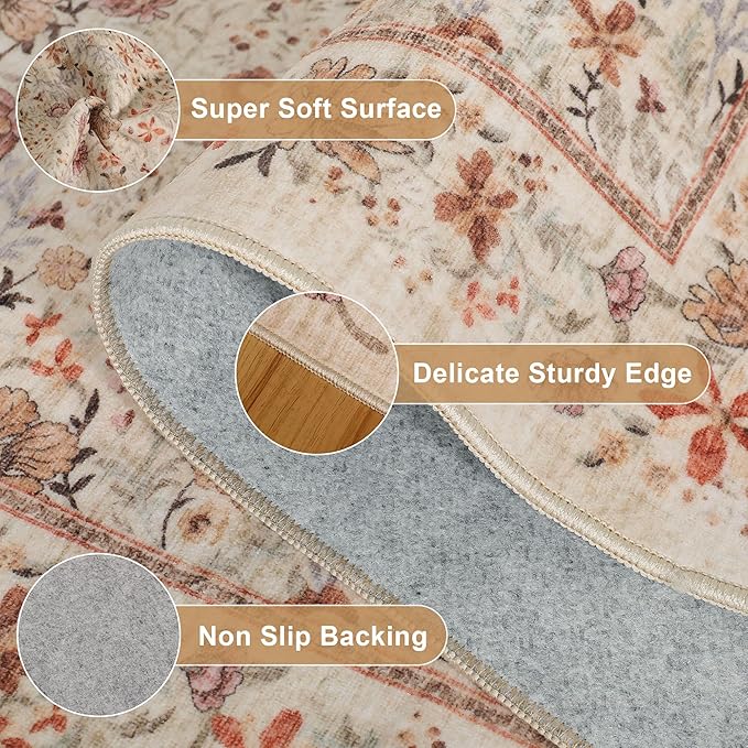 DUKINO 6x9 Rugs for Living Room, Vintage Washable Rug with Non Slip Backing, Floral Low Pile & Non-Shedding Large Area Carpets for Bedroom, Dining Room, Farmhouse, Home Office, Beige