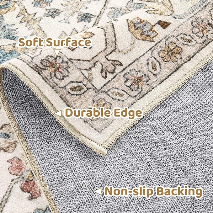 Area Rug for Living Room - 3x8 Soft Washable Oriental Vintage Floral Distressed Large Carpet - Fade Stain Resistant Non Slip Rugs for Bedroom Dining Room Nursery Dorm Office Home Decor - Blue/Beige