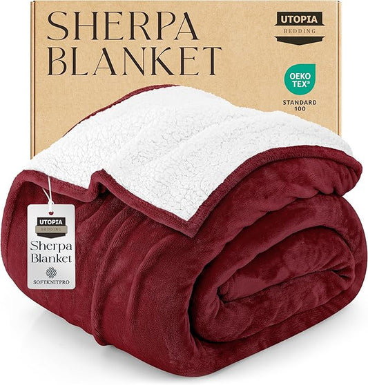 Utopia Bedding Sherpa Blanket Queen Size (Red, 90x90 Inches) - Soft Lightweight Plush Fleece Reversible Blanket for Bed, Sofa, Couch, Camping and Travel