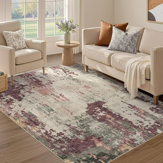 4x6 Area Rug Living Room Rugs - Washable Neutral Modern Abstract Soft Thin Rug Indoor Floor No Slip Rug Carpet for Bedroom Under Dining Table Home Office Decor - Purple/Green/Beige