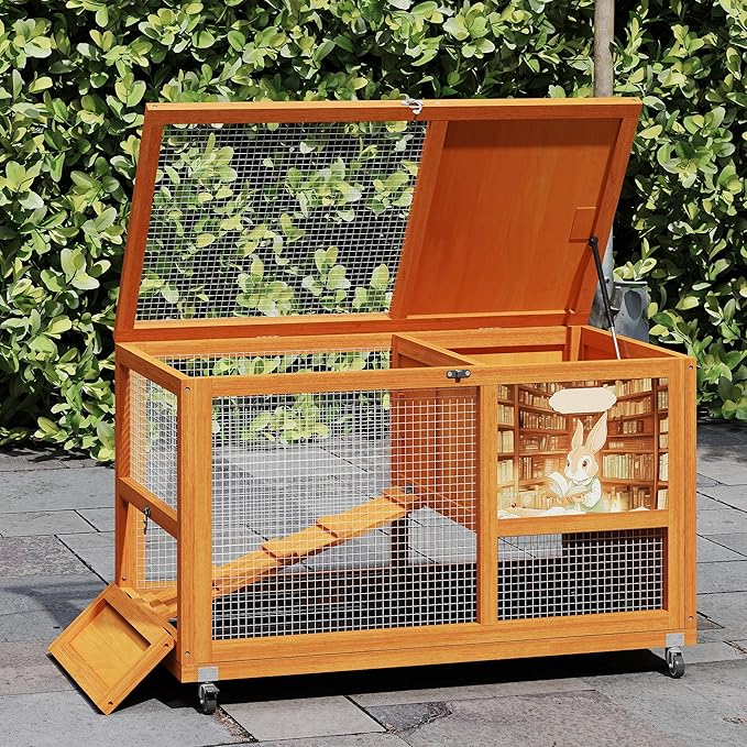COZIWOW 36.5-Inch Double-Decker Wooden Rabbit Hutch with Wheels, Featuring A Cleaning Tray and Ladder—Stylish and Easy to Assemble（Orange and Pattern）