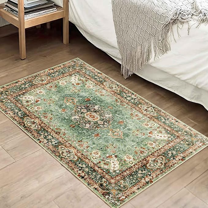 Small Rugs 2x3,Green Rug for Entryway Bathroom Bedroom Kitchen Entrance Doormat,Boho Vintage Bohemian Distressed Washable Oriental Accent Floor Throw Carpet Non Slip