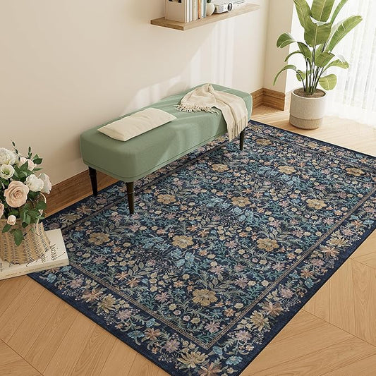DUKINO 3x5 Area Rug, Vintage Floral Washable Rug for Bedroom with Non Slip Design, Soft Low Pile Indoor Small Carpet for Bedroom, Farmhouse, Living Room, Office, Bathroom, Dark Blue
