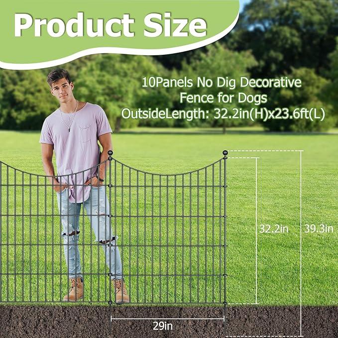 10 Panels Garden Fence Dog Fence Outdoor for Yard, 32in H x 23.6ft L Rustproof Metal Fencing with Ground Stakes | No Dig Animal Proof Containment for Pets/Rabbits | Durable Patio Security Panels