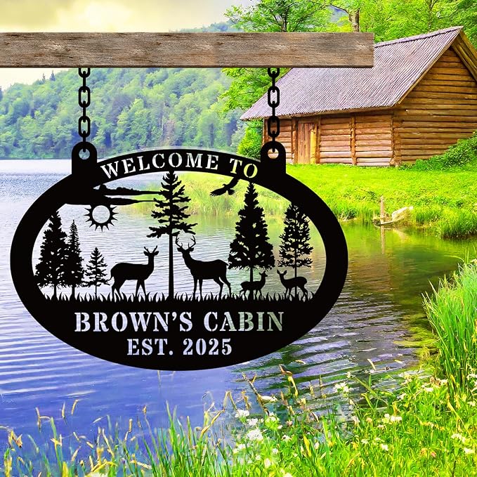 Custom Metal Lake House Cabin Sign，Personalized Oval Deer Metal Cabin Decor ，Custom Family Name Sign, Camping Signs，Outdoor Decor，Happy Campers Gift - Rustic Lake House Decor
