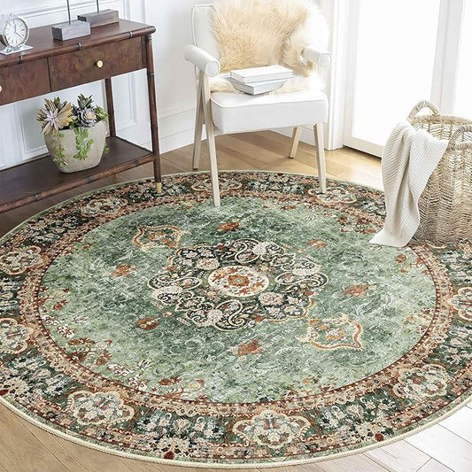 Green Round Rug 5ft, Circle Boho Area Rugs for Bedroom Living Room,Washable Vintage Bohemian Distressed Oriental Floral Carpet Non Slip,Sage