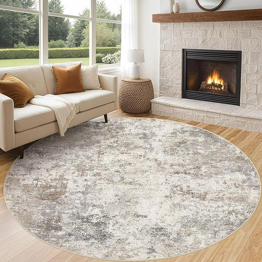 8ft Round Area Rug Living Room Rugs - 8x8 Washable Neutral Modern Abstract Soft Thin Rug Indoor Floor No Slip Rug Carpet for Bedroom Under Dining Table Home Office Decor - Brown Grey