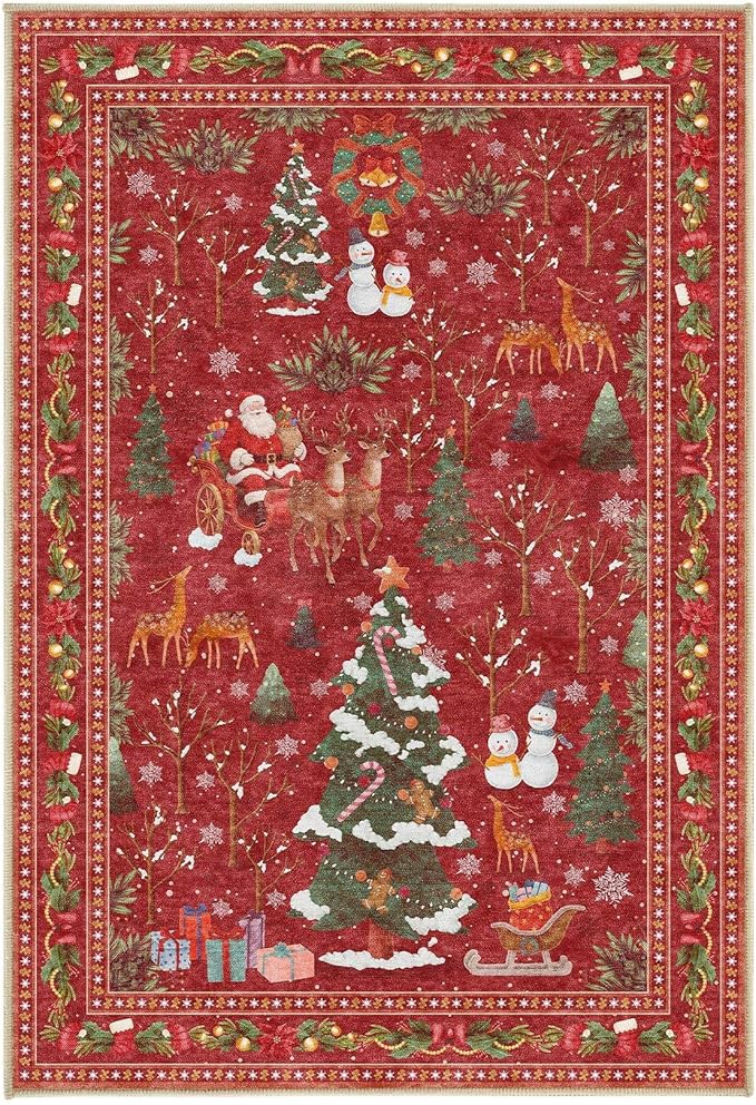 Christmas Entryway Area Rug: 2x3 Washable Neutral Modern Non-Slip Low Pile Festive Carpet for Entrance Kitchen Front Door Mat Kids Room Indoor Entry Holiday Decor - Red